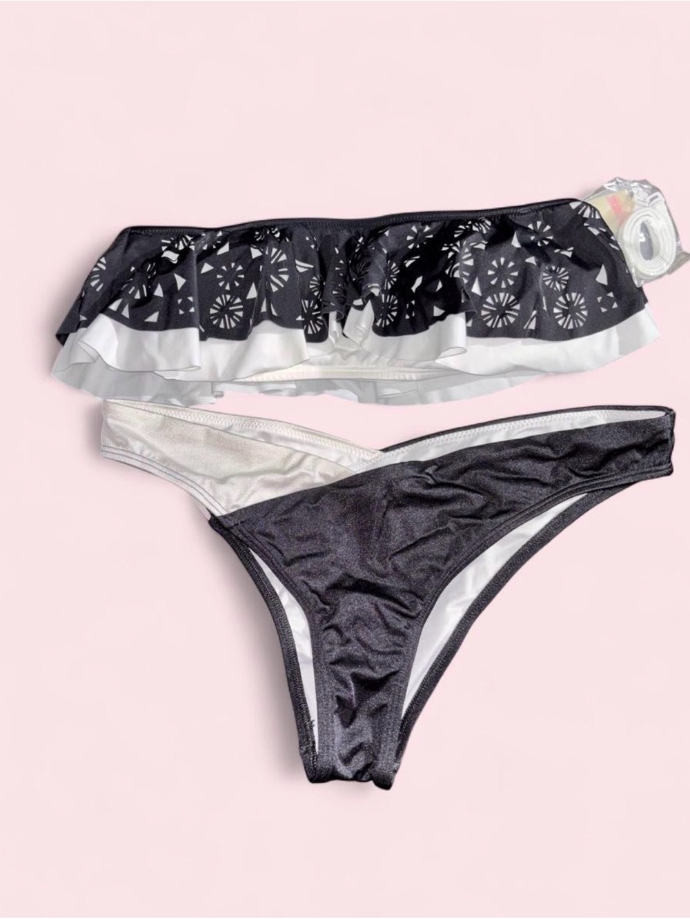 PINK Victoria's Secret Black & White Laser-Cut Ruffle Bandeau Bikini